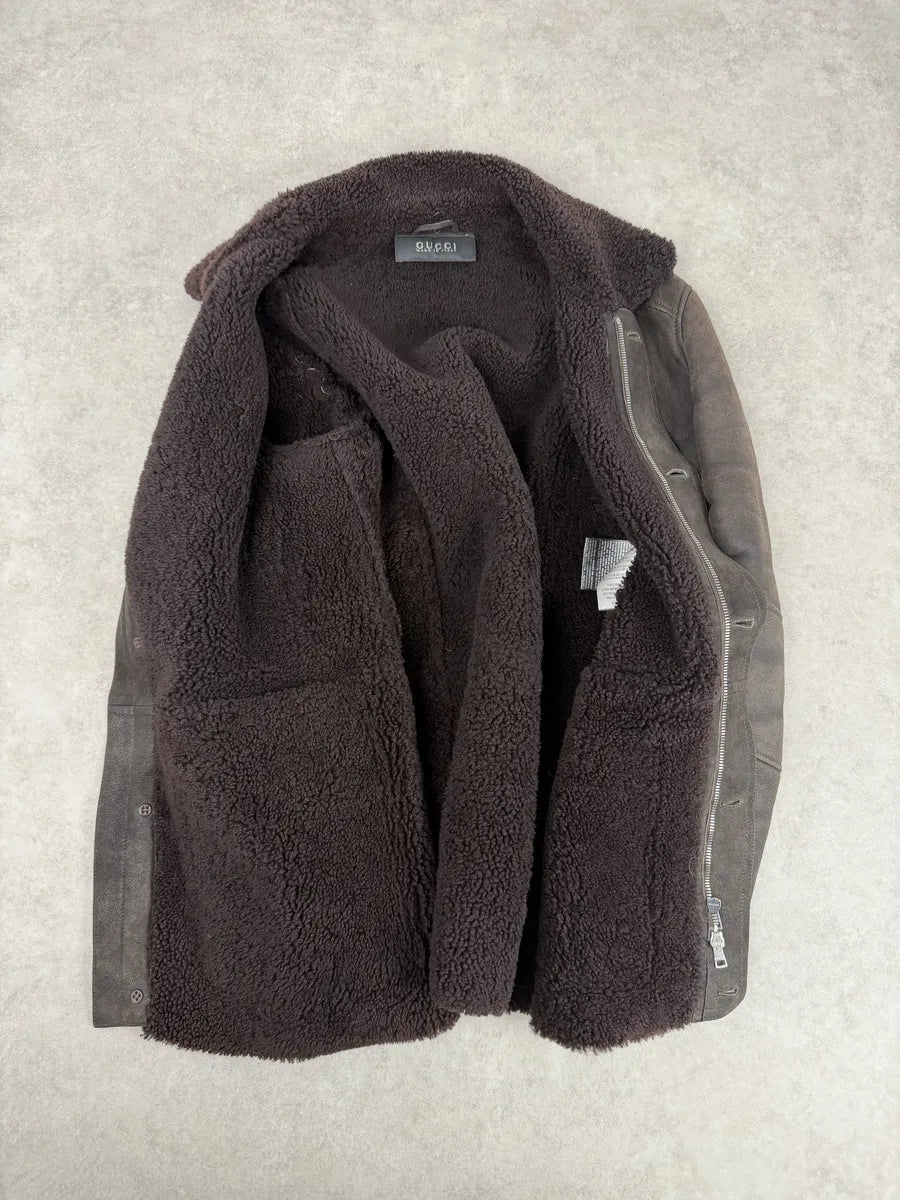 FW2002 Gucci Shearling Lamb Fur Brown Premium Leather Jacket aUhvOZD 10
