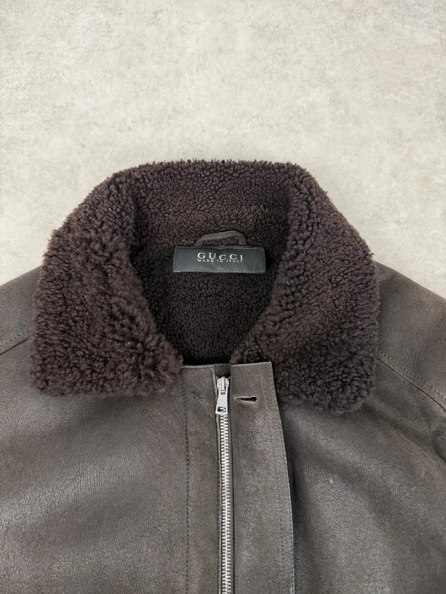 FW2002 Gucci Shearling Lamb Fur Brown Premium Leather Jacket aUhvOZD 7