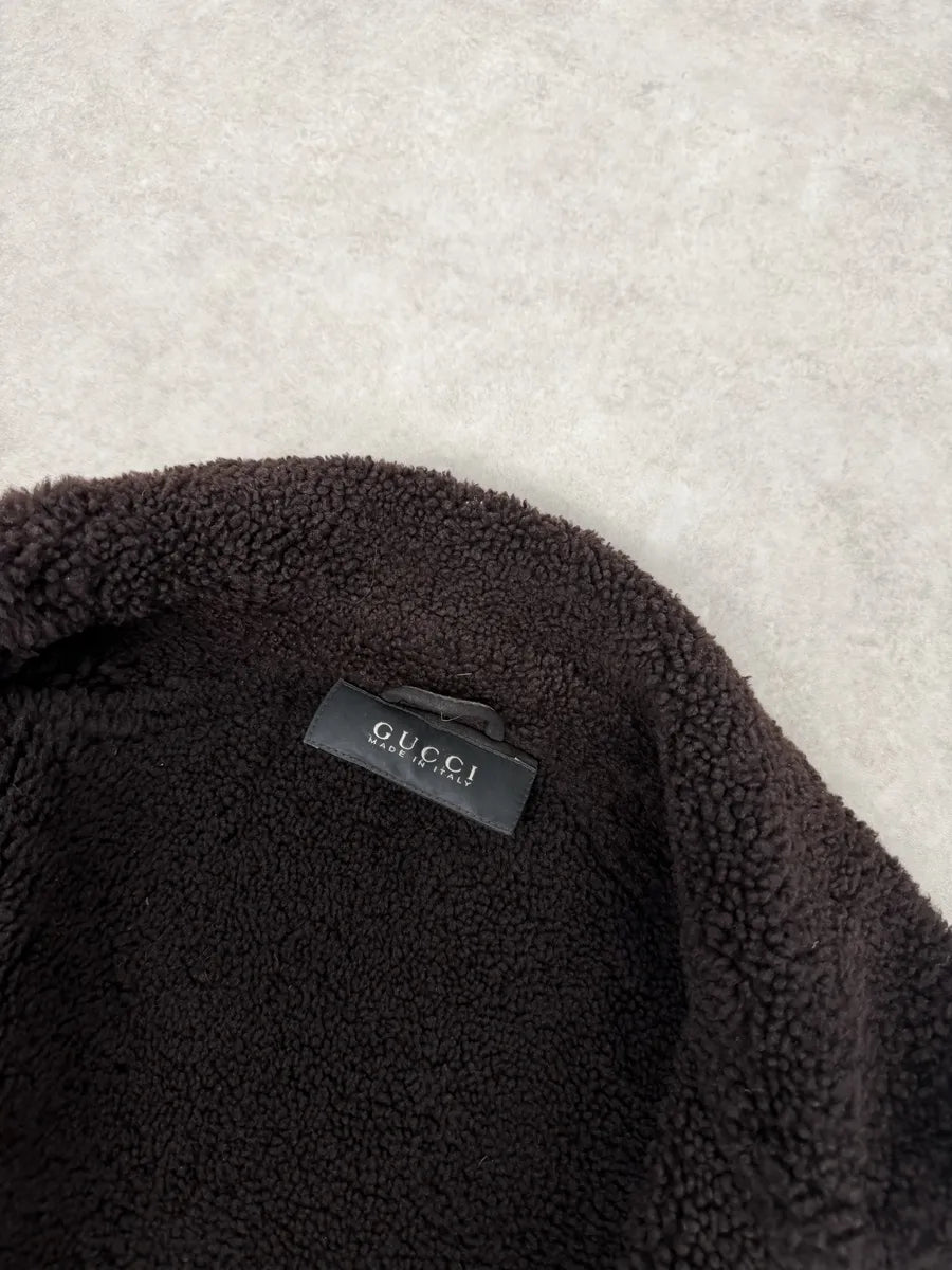 FW2002 Gucci Shearling Lamb Fur Brown Premium Leather Jacket aUhvOZD 9