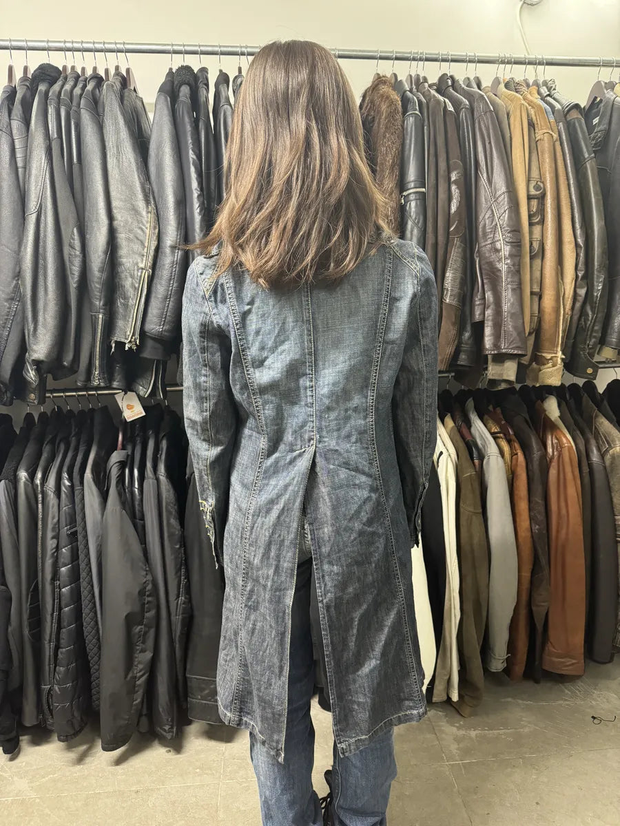 FW2002 Plein Sud Asymmetrical Buttoned Long Denim Jacket (M) emUqXMW 9