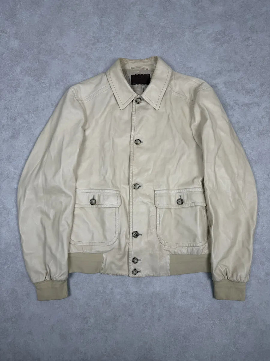 FW2002 Prada Beige Buttoned Leather Classy Jacket lBWwOJP 0