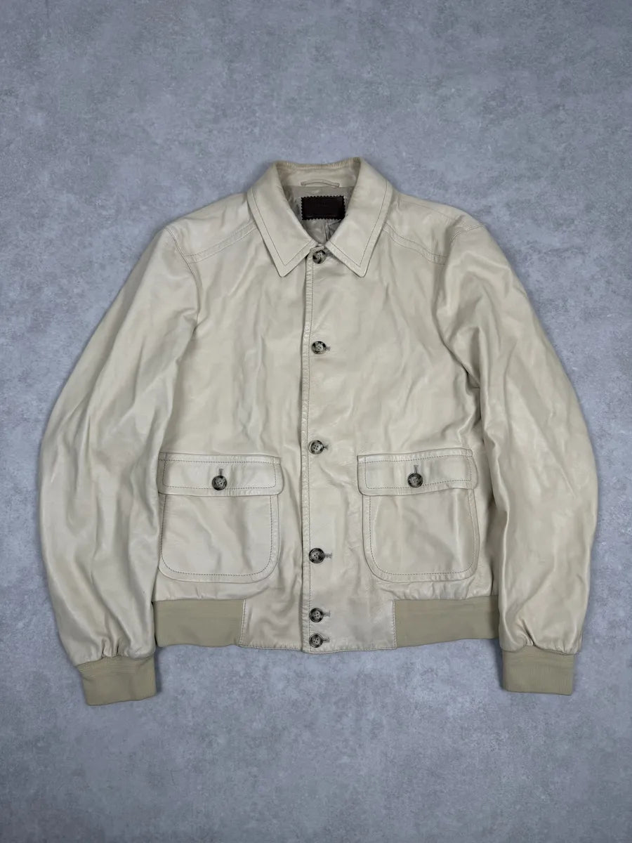 FW2002 Prada Beige Buttoned Leather Classy Jacket lBWwOJP 4