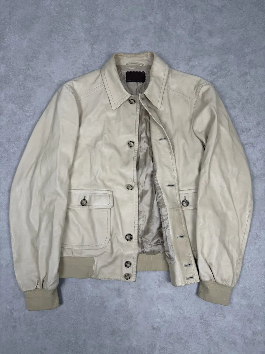 FW2002 Prada Beige Buttoned Leather Classy Jacket lBWwOJP 10