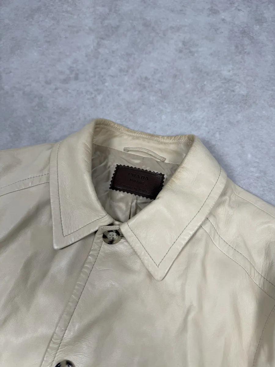 FW2002 Prada Beige Buttoned Leather Classy Jacket lBWwOJP 11