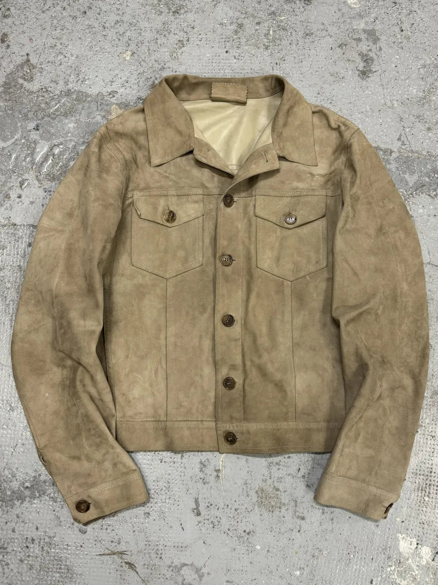 FW2002 Prada Beige Trucker Suede Leather Jacket PUMvqIr 0