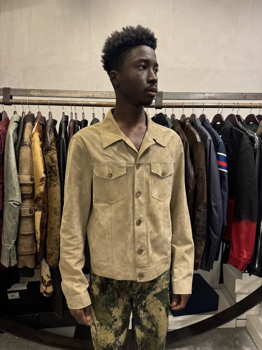 FW2002 Prada Beige Trucker Suede Leather Jacket PUMvqIr 1