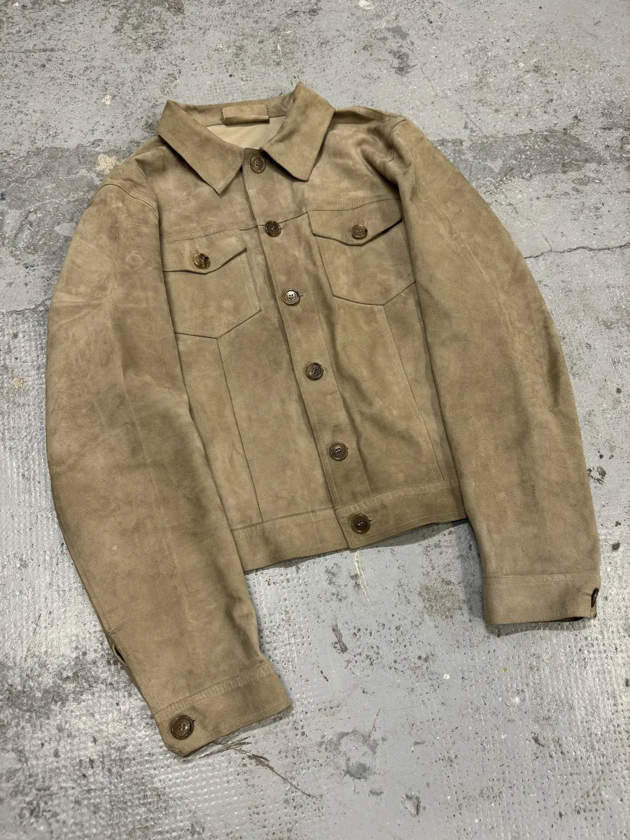 FW2002 Prada Beige Trucker Suede Leather Jacket PUMvqIr 5