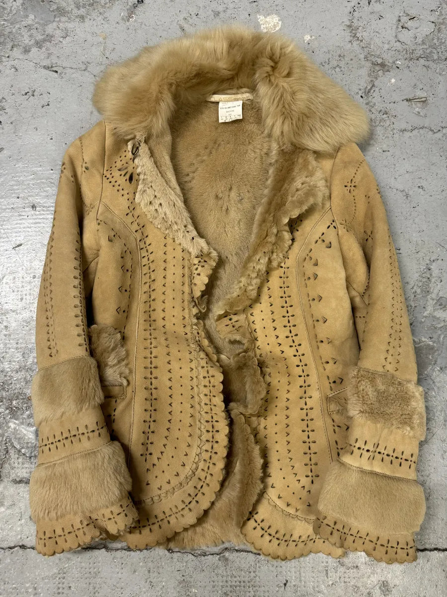 FW2002 Roberto Cavalli Fur Beige Leather Perfored Jacket pkvknfM 0
