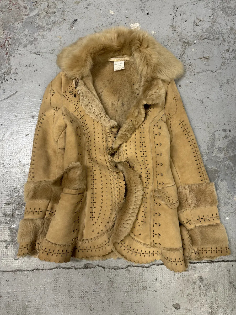 FW2002 Roberto Cavalli Fur Beige Leather Perfored Jacket pkvknfM 4