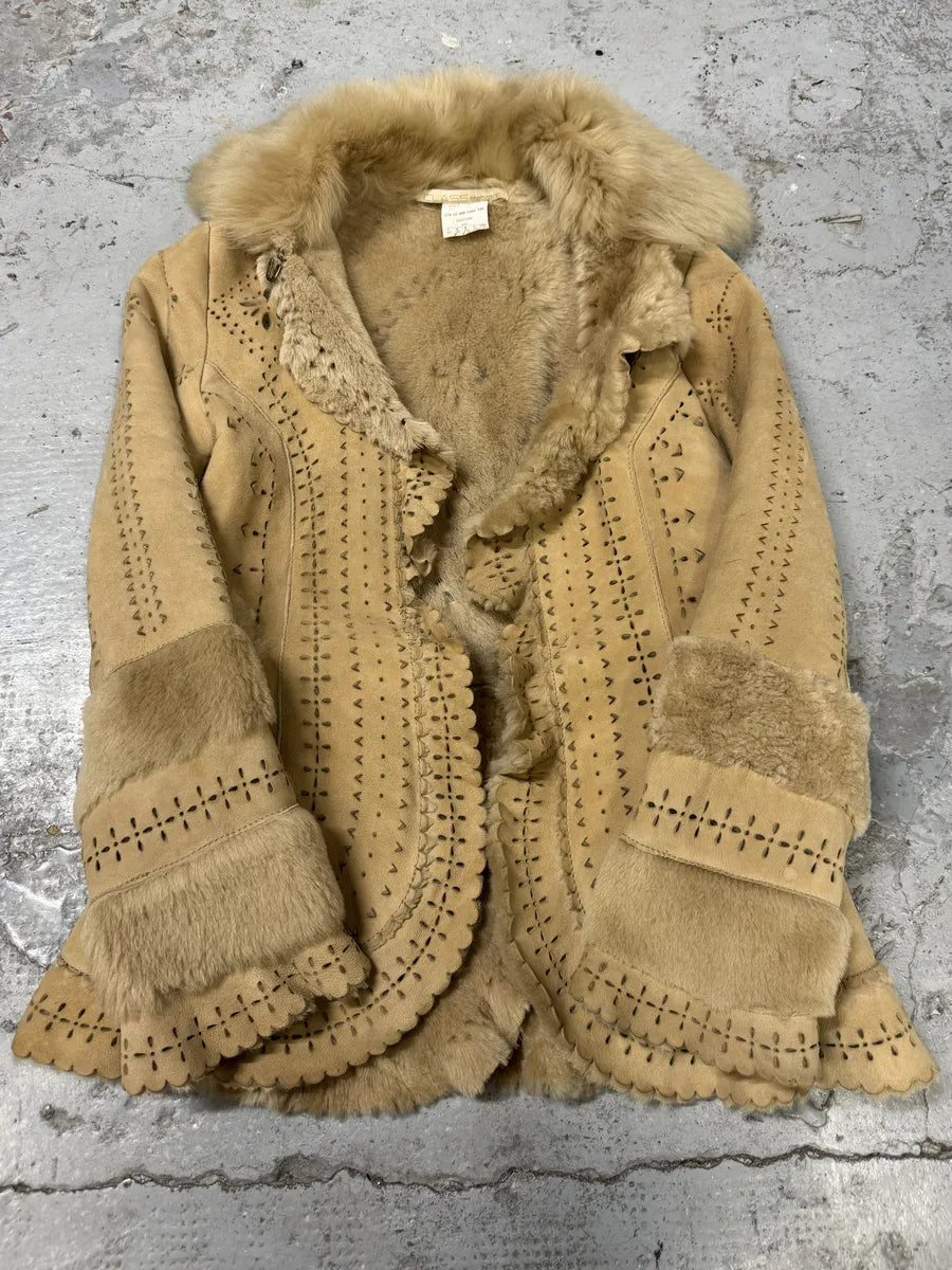 FW2002 Roberto Cavalli Fur Beige Leather Perfored Jacket pkvknfM 5