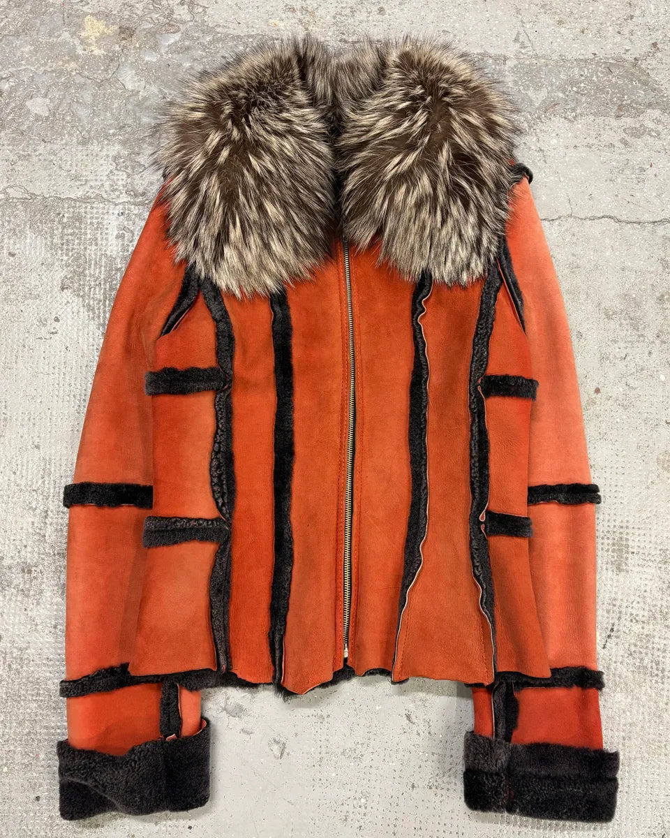 FW2002 Roberto Cavalli Orange Fox Fur Shearling Leather Jacket LNlKGMG 0