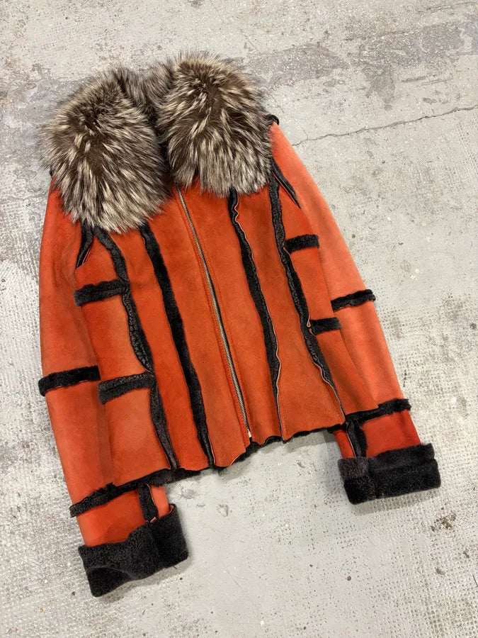 FW2002 Roberto Cavalli Orange Fox Fur Shearling Leather Jacket LNlKGMG 1