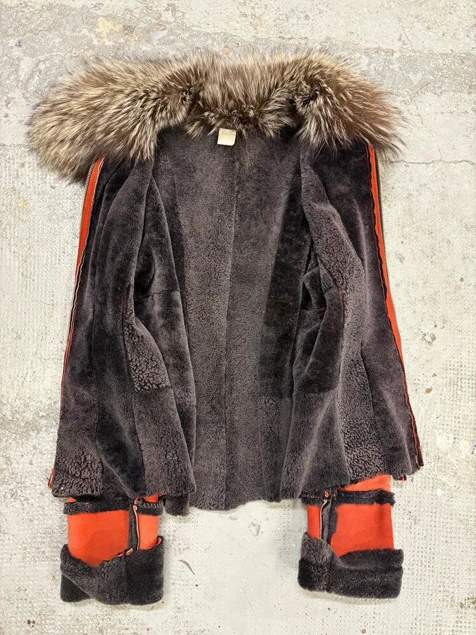 FW2002 Roberto Cavalli Orange Fox Fur Shearling Leather Jacket LNlKGMG 4