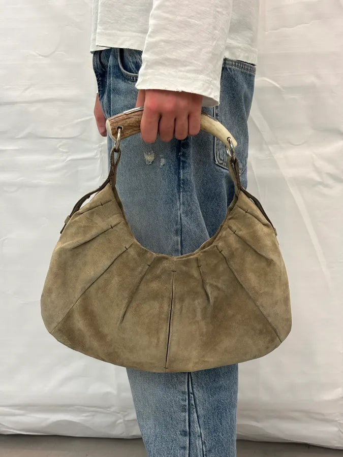 FW2002 Yves Saint Laurent Beige Suede Bone Horn Shoulder Bag TxRgfeP 1