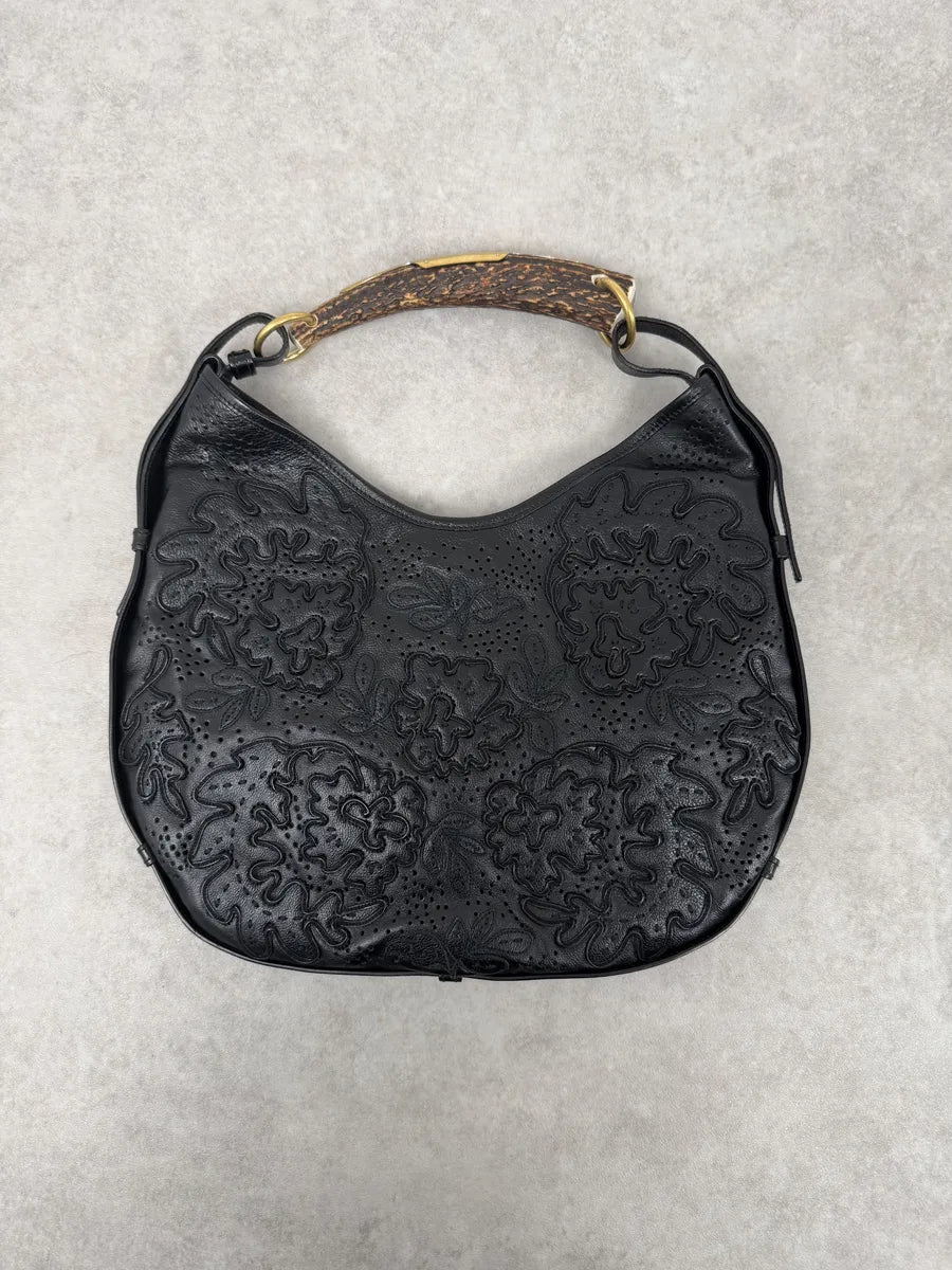 FW2002 Yves Saint Laurent Mombasa Embossed Flowers Black Leather Horn Handle Bag HJNiAJk 0