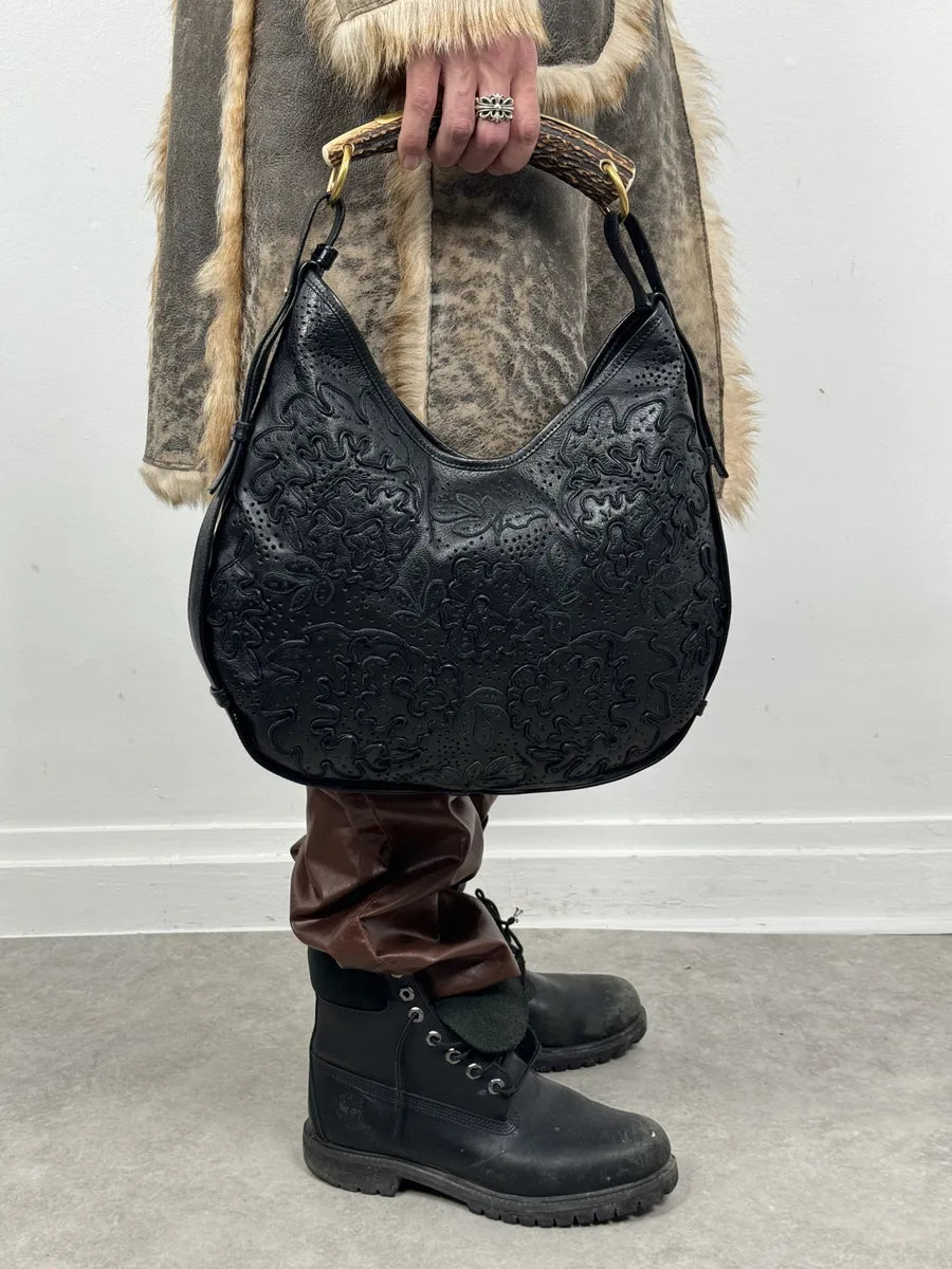 FW2002 Yves Saint Laurent Mombasa Embossed Flowers Black Leather Horn Handle Bag HJNiAJk 1