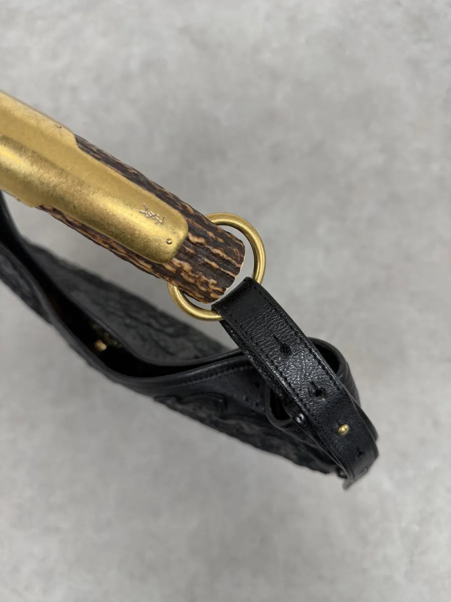 FW2002 Yves Saint Laurent Mombasa Embossed Flowers Black Leather Horn Handle Bag HJNiAJk 10