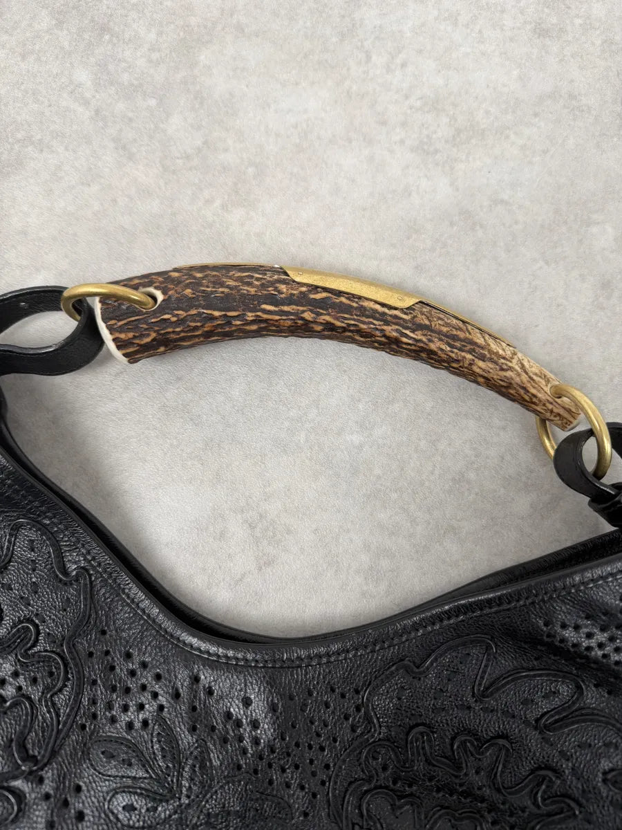 FW2002 Yves Saint Laurent Mombasa Embossed Flowers Black Leather Horn Handle Bag HJNiAJk 11