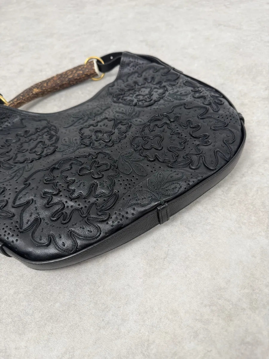 FW2002 Yves Saint Laurent Mombasa Embossed Flowers Black Leather Horn Handle Bag HJNiAJk 12