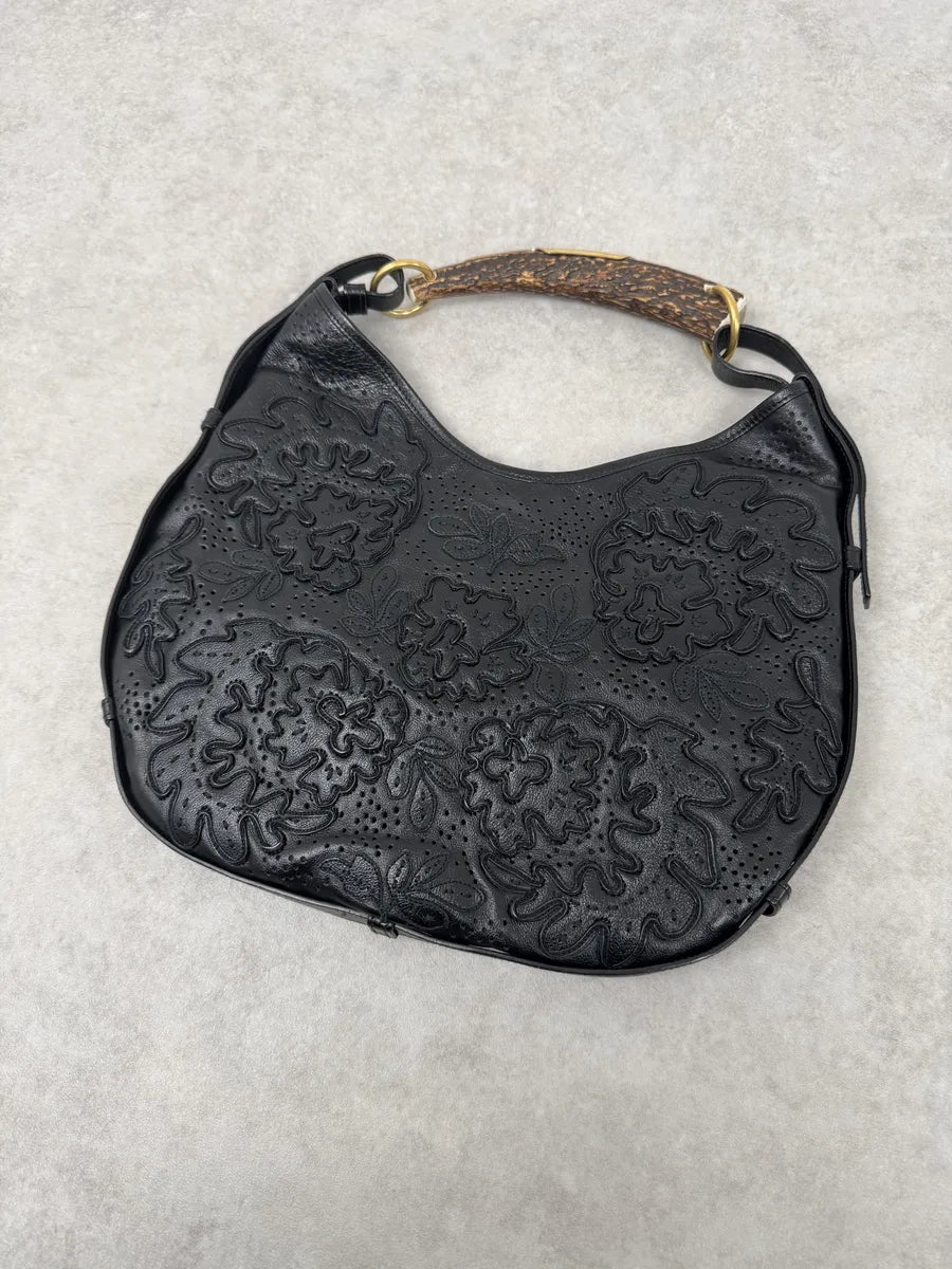 FW2002 Yves Saint Laurent Mombasa Embossed Flowers Black Leather Horn Handle Bag HJNiAJk 3
