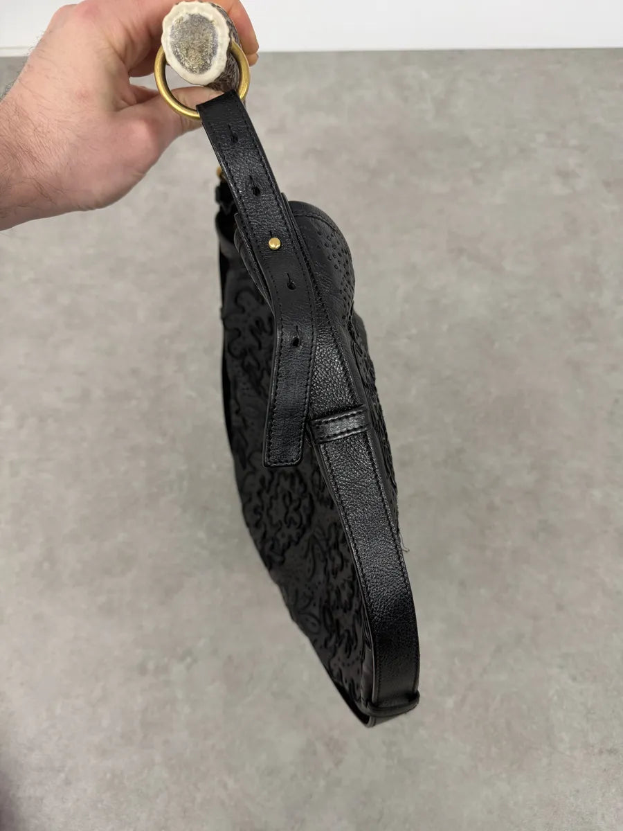 FW2002 Yves Saint Laurent Mombasa Embossed Flowers Black Leather Horn Handle Bag HJNiAJk 5