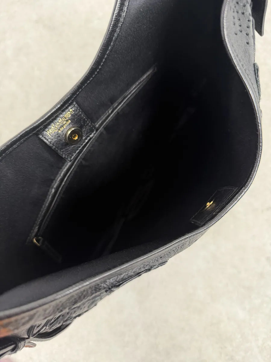 FW2002 Yves Saint Laurent Mombasa Embossed Flowers Black Leather Horn Handle Bag HJNiAJk 6