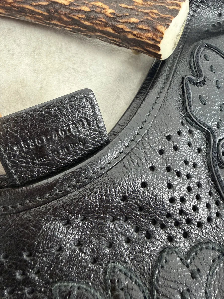 FW2002 Yves Saint Laurent Mombasa Embossed Flowers Black Leather Horn Handle Bag HJNiAJk 7