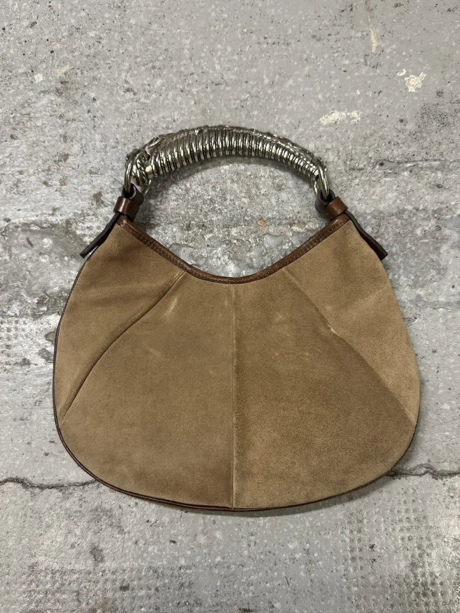FW2002 Yves Saint Laurent Mombasa Tom Ford Metal Horn Handle Beige Suede Leather Bag LTUnzZe 0