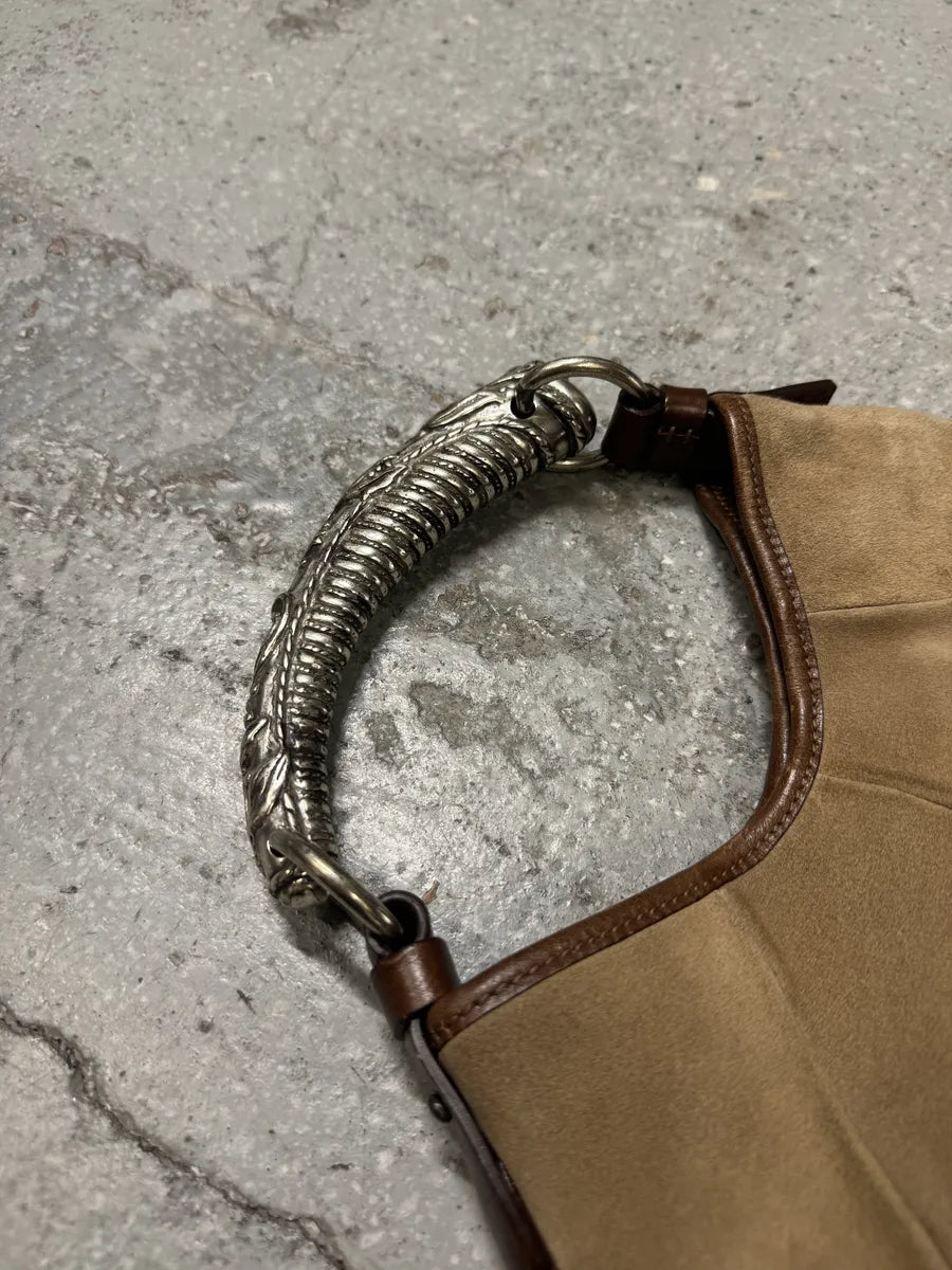 FW2002 Yves Saint Laurent Mombasa Tom Ford Metal Horn Handle Beige Suede Leather Bag LTUnzZe 7