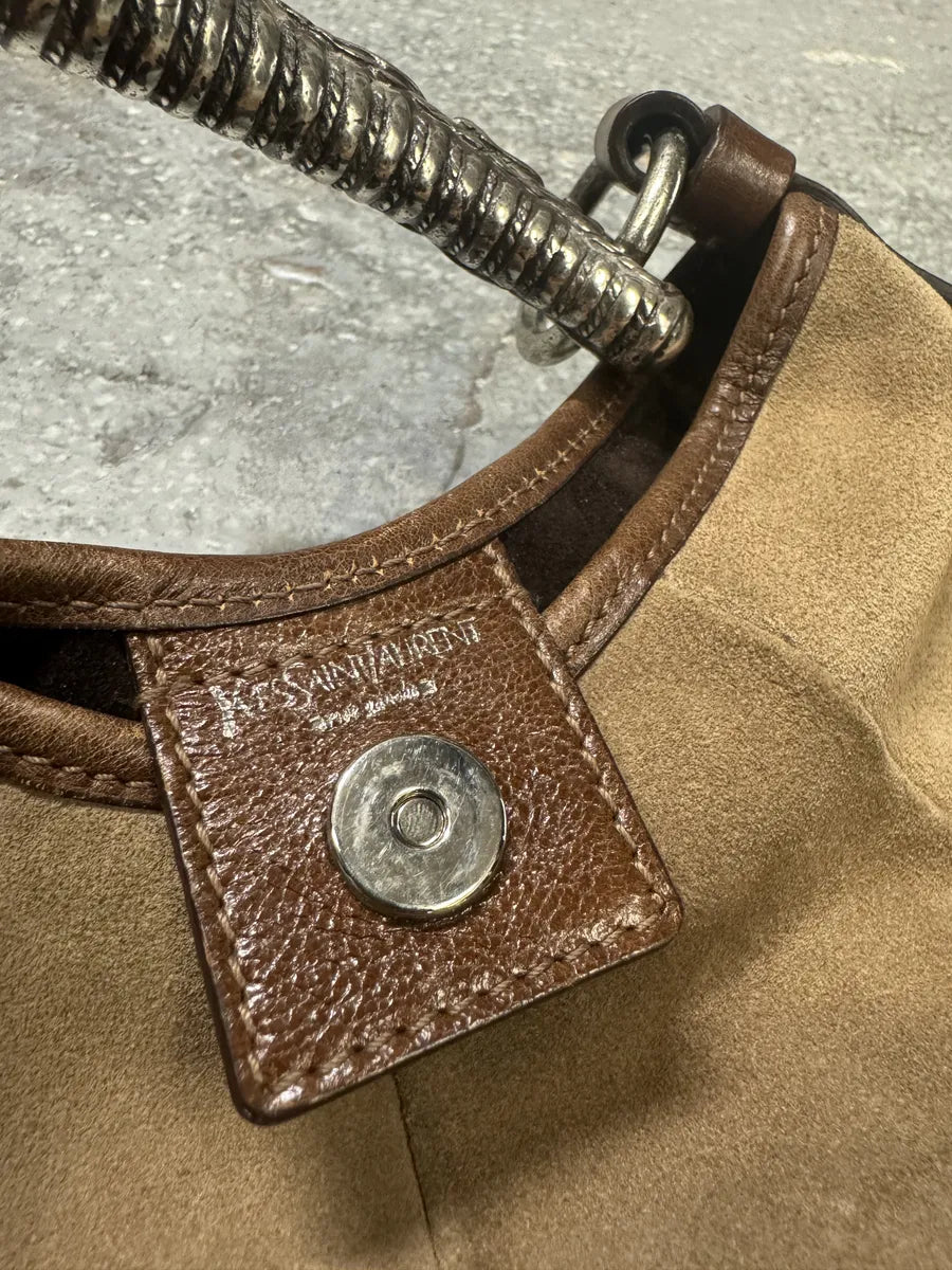 FW2002 Yves Saint Laurent Mombasa Tom Ford Metal Horn Handle Beige Suede Leather Bag LTUnzZe 9