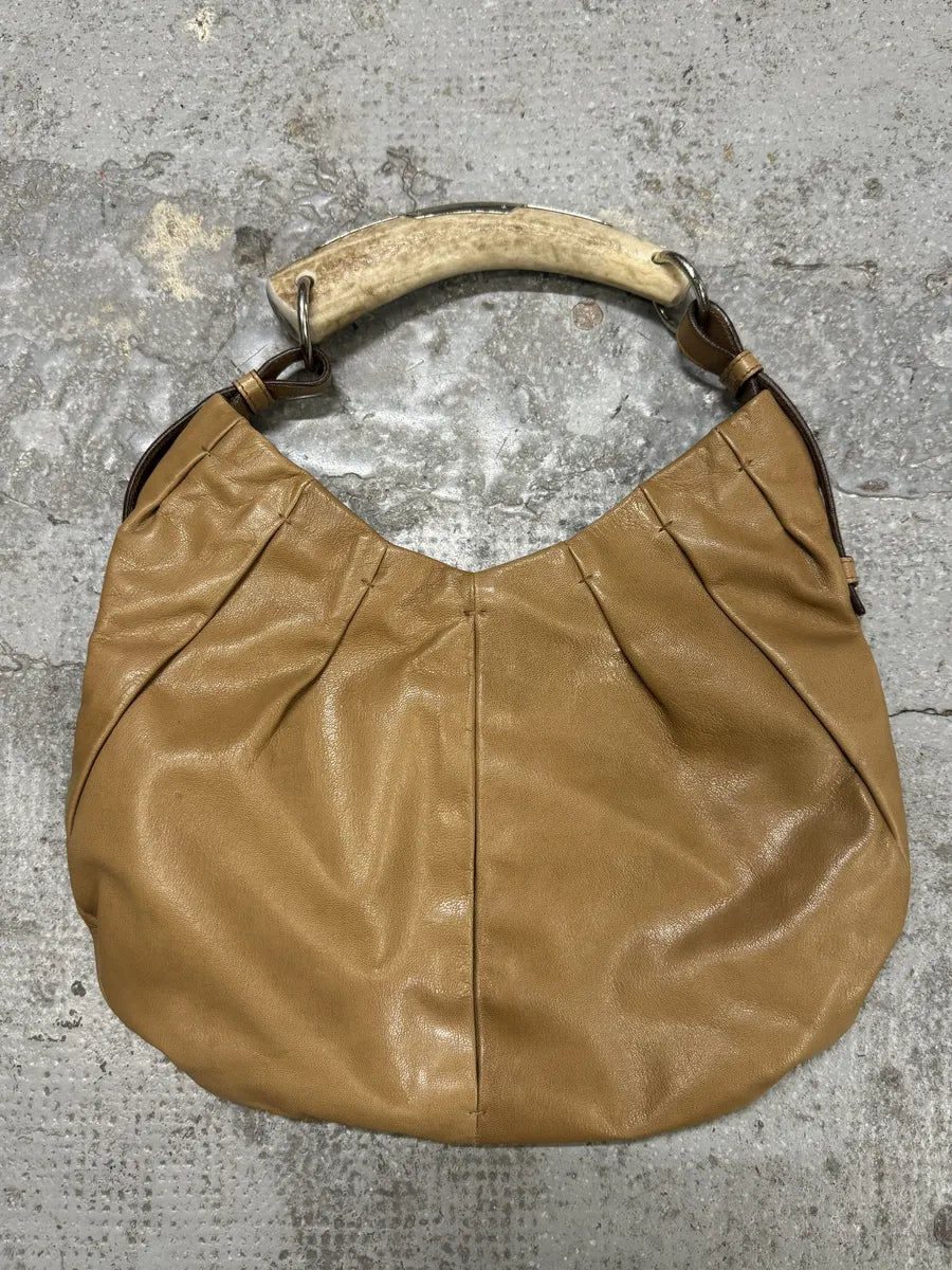 FW2002 Yves Saint Laurent Tom Ford Mombasa Horn Beige Suede Leather Handle Bag (OS) TYqlQKe 0