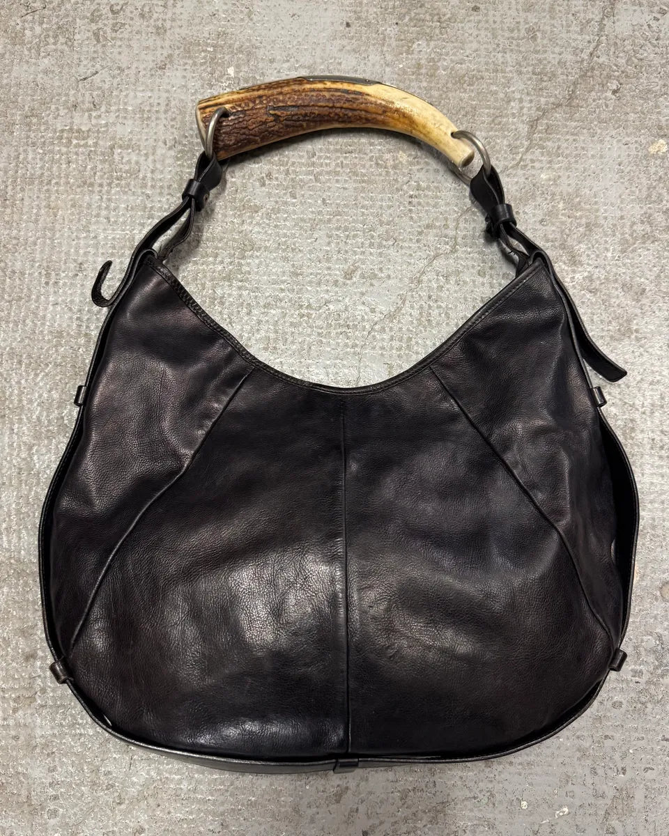 FW2002 Yves Saint Laurent Tom Ford Mombasa Organic Antler Horn Handle Black Leather Bag (OS) snfXdQR 0