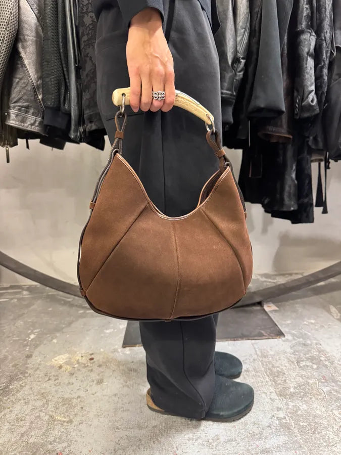 FW2002 Yves Saint Laurent Tom Ford Mombasa Organic Handle Horn Brown Suede Leather Bag (OS) hQecgNi 1