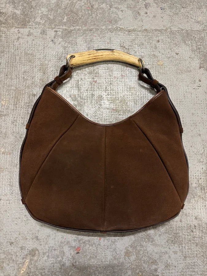 FW2002 Yves Saint Laurent Tom Ford Mombasa Organic Handle Horn Brown Suede Leather Bag (OS) hQecgNi 3