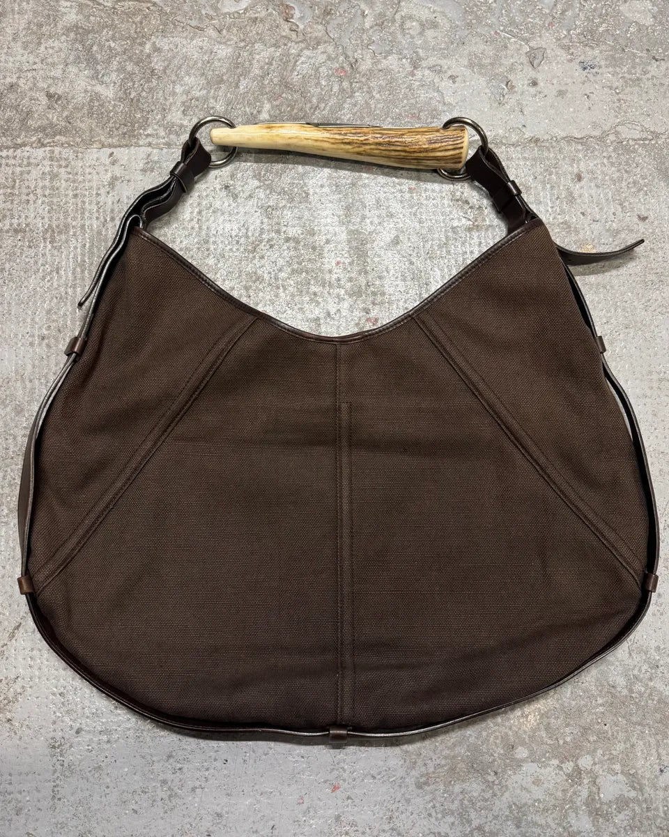 FW2002 Yves Saint Laurent Tom Ford Mombasa Organic Metal Horn Handle Brown Canva Bag DyfWjsT 0