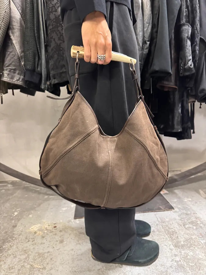 FW2002 Yves Saint Laurent Tom Ford Mombasa Organic Metal Horn Handle Brown Canva Bag DyfWjsT 1