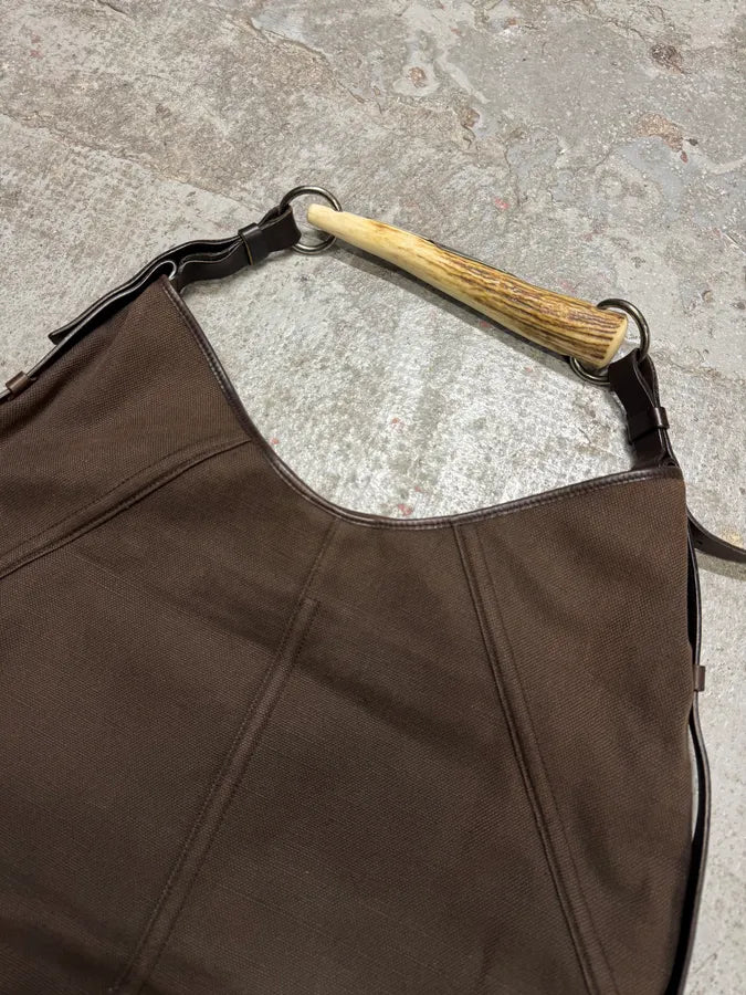 FW2002 Yves Saint Laurent Tom Ford Mombasa Organic Metal Horn Handle Brown Canva Bag DyfWjsT 2