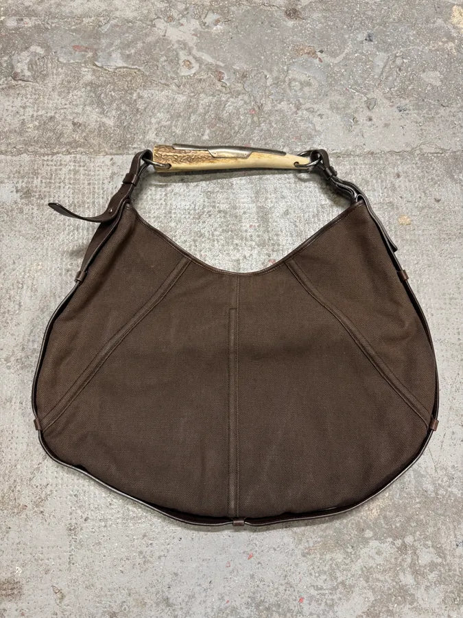 FW2002 Yves Saint Laurent Tom Ford Mombasa Organic Metal Horn Handle Brown Canva Bag DyfWjsT 3