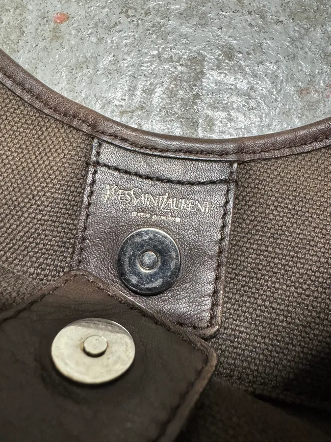 FW2002 Yves Saint Laurent Tom Ford Mombasa Organic Metal Horn Handle Brown Canva Bag DyfWjsT 7