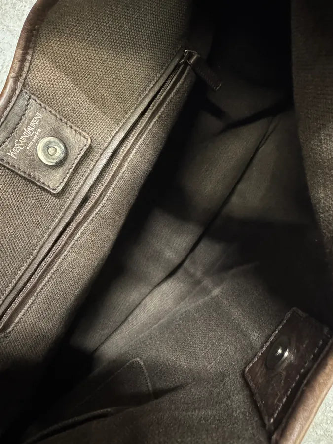 FW2002 Yves Saint Laurent Tom Ford Mombasa Organic Metal Horn Handle Brown Canva Bag DyfWjsT 9