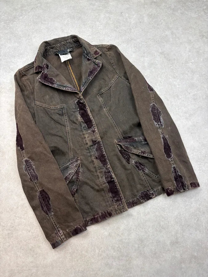FW2003 Cavalli Irregular Brown Faded Velvet Denim Jacket vMzSDek 3