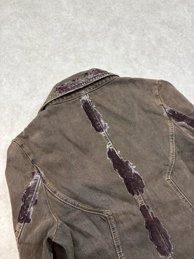 FW2003 Cavalli Irregular Brown Faded Velvet Denim Jacket vMzSDek 7
