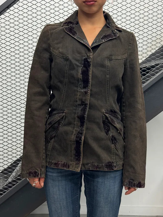FW2003 Cavalli Irregular Brown Faded Velvet Denim Jacket vMzSDek 1