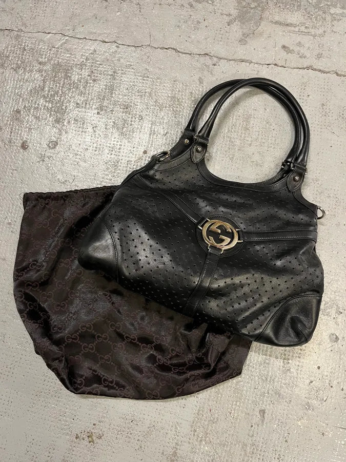 FW2003 Gucci G Logo Perforated Black Leather Shoulder Bag  kwmgqfp 0