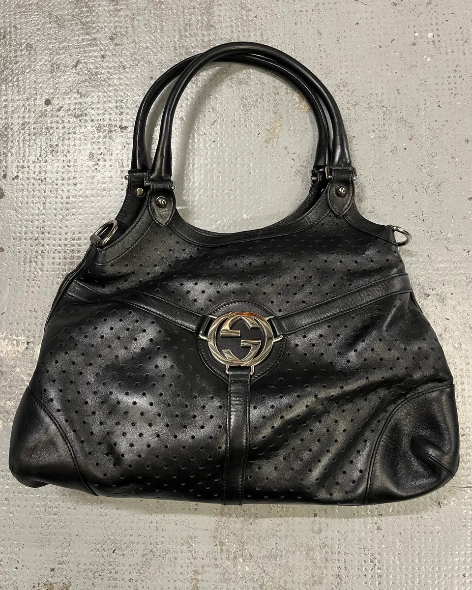 FW2003 Gucci G Logo Perforated Black Leather Shoulder Bag  kwmgqfp 3