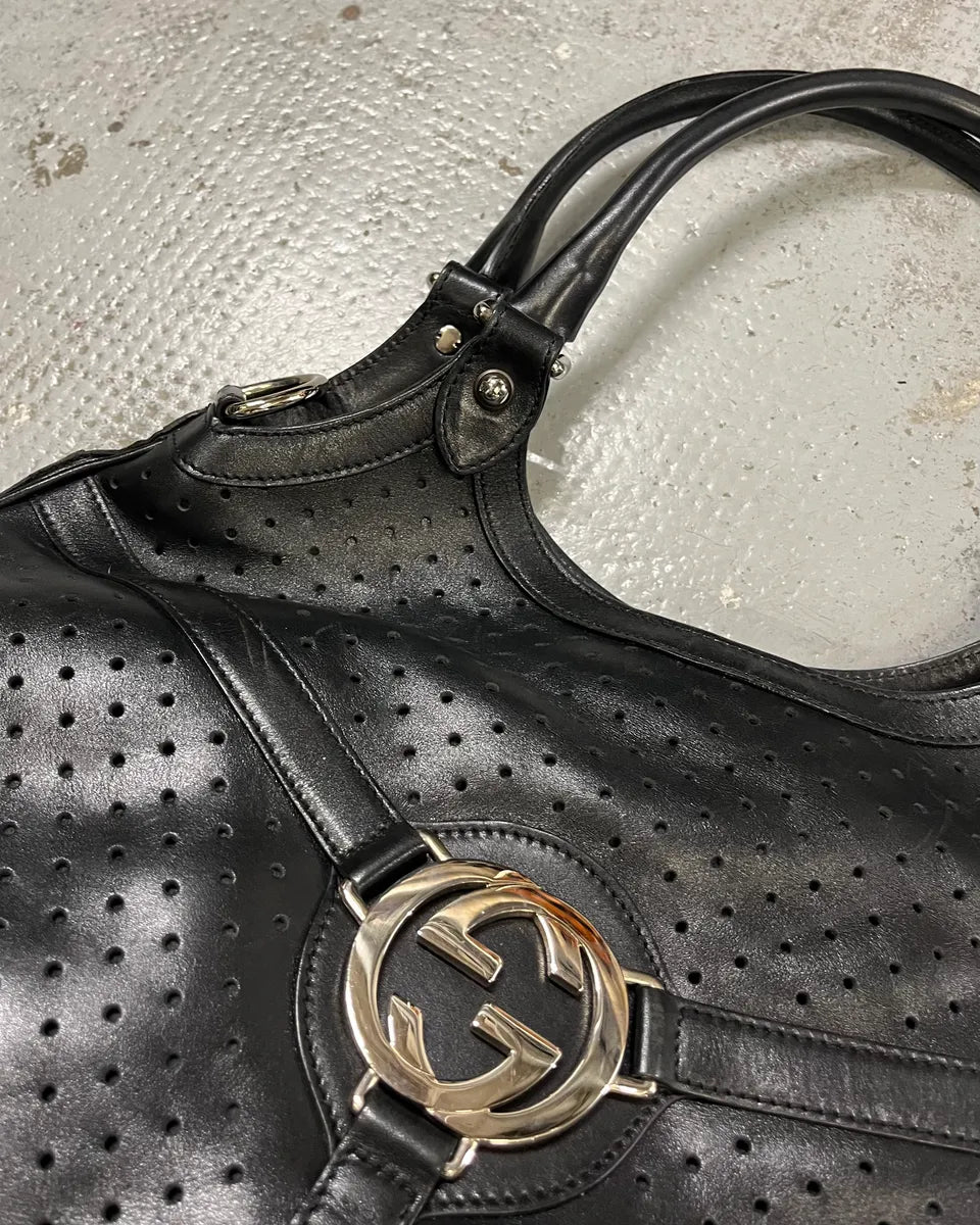 FW2003 Gucci G Logo Perforated Black Leather Shoulder Bag  kwmgqfp 4