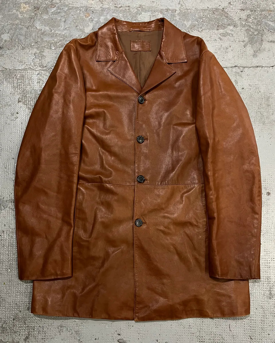 FW2003 Prada Cognac Brown Leather Long Coat ZLEQIhZ 0