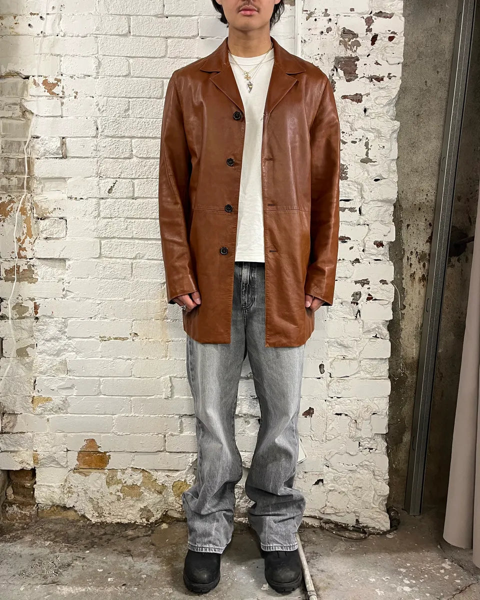 FW2003 Prada Cognac Brown Leather Long Coat ZLEQIhZ 1