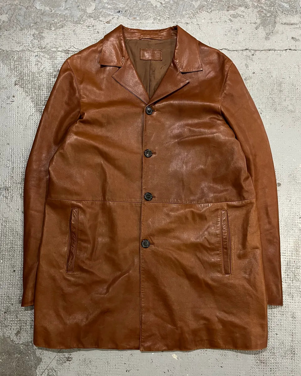 FW2003 Prada Cognac Brown Leather Long Coat ZLEQIhZ 3
