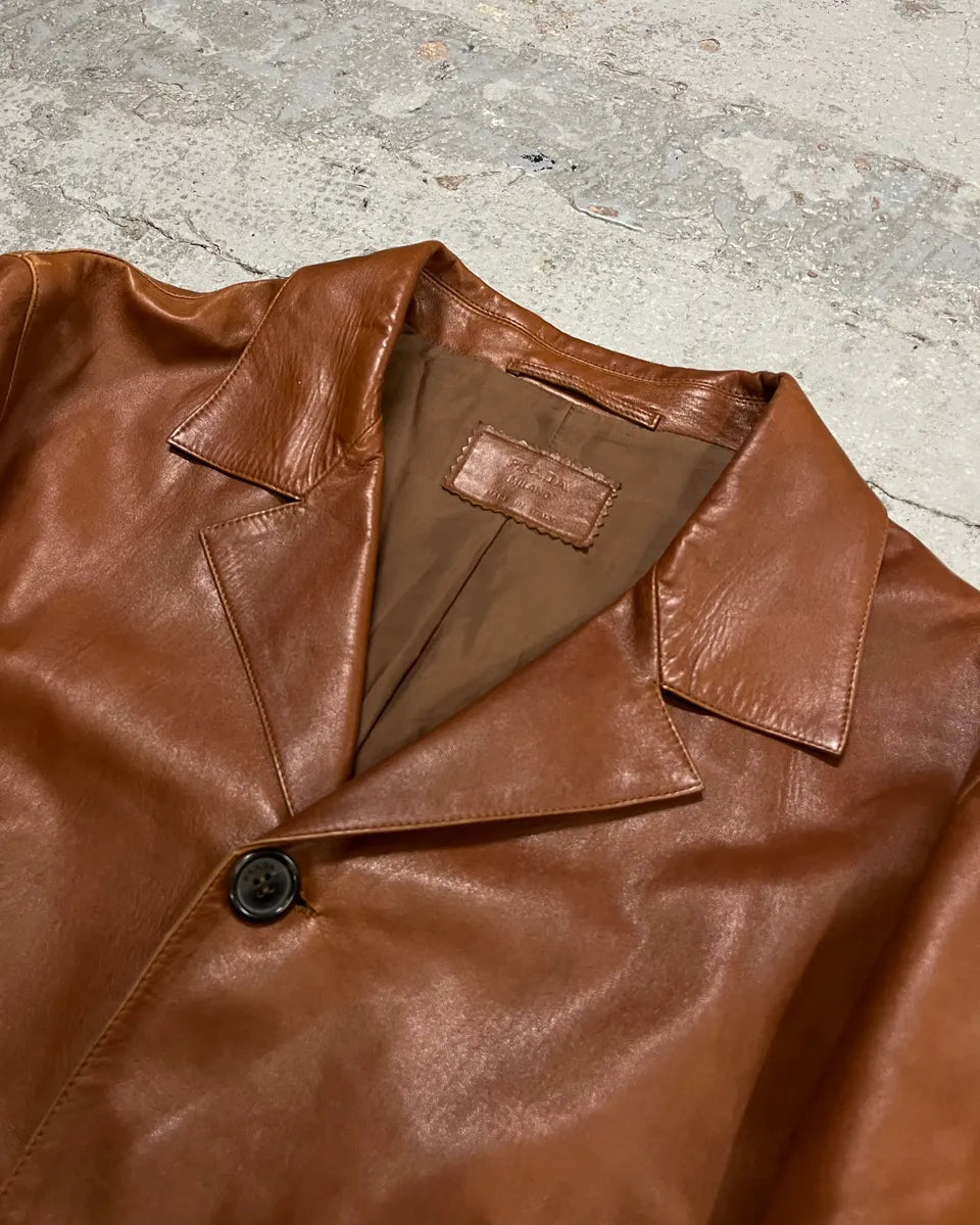 FW2003 Prada Cognac Brown Leather Long Coat ZLEQIhZ 4